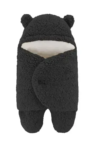 0-6 Ay Wellsoft Uyku Tulumu Yeni Doğan Kapüşonlu Sarma Battaniye Peluş Bebek Dış Kundak-Siyah - 3
