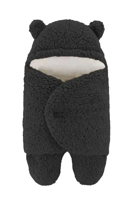 0-6 Ay Wellsoft Uyku Tulumu Yeni Doğan Kapüşonlu Sarma Battaniye Peluş Bebek Dış Kundak-Siyah - 3