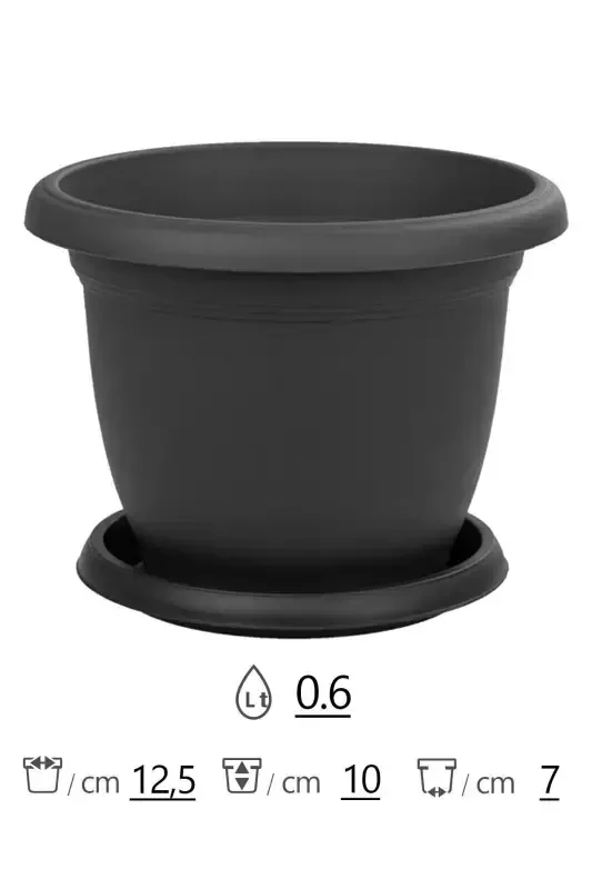 0. 6 Litre Antrasit Gri Tabaklı Mat Plastik Küçük Boy Yuvarlak Saksı Villa No1 Ø12,5x10,2cm-0,6L - 2