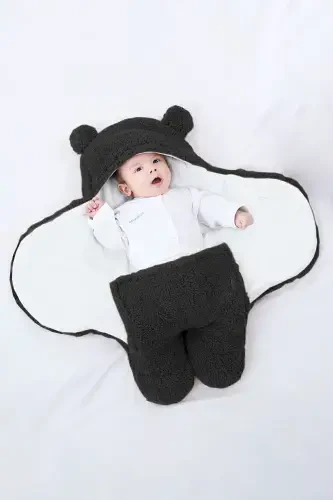 0-6 Months Wellsoft Sleeping Bag Newborn Hooded Swaddle Blanket Plush Baby Outer Swaddle-Black - BUNDEBA (1)