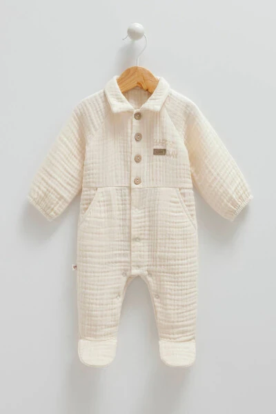 01-09 Beige Baby Boy Muslin Romper - CARAMELL