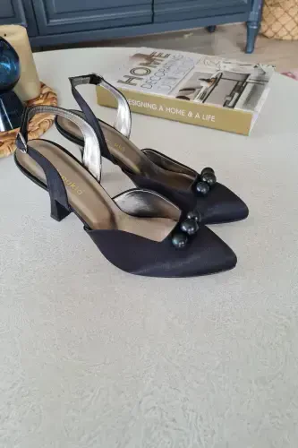 015 3 Top 11p Top 11p Topukla Kadın Incili 8cm Topuklu Abiye Gelin Ayakkabısı-Siyah Saten - 4