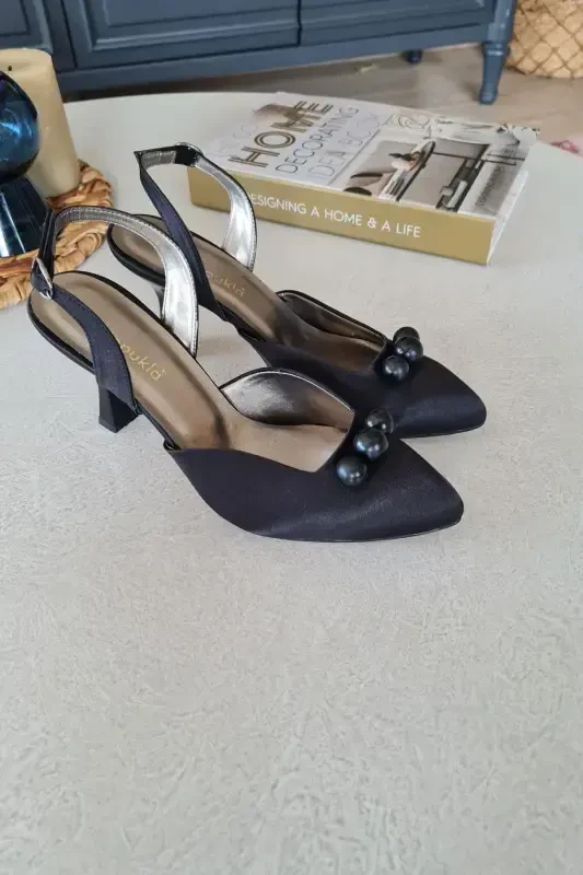 015 3 Top 11p Top 11p Topukla Kadın Incili 8cm Topuklu Abiye Gelin Ayakkabısı-Siyah Saten - 4