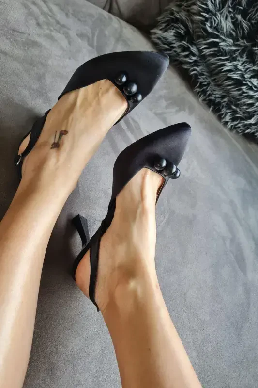 015 3 Top 11p Topukla Kadın Incili 8cm Topuklu Abiye Gelin Ayakkabısı-Siyah Saten - Modazone
