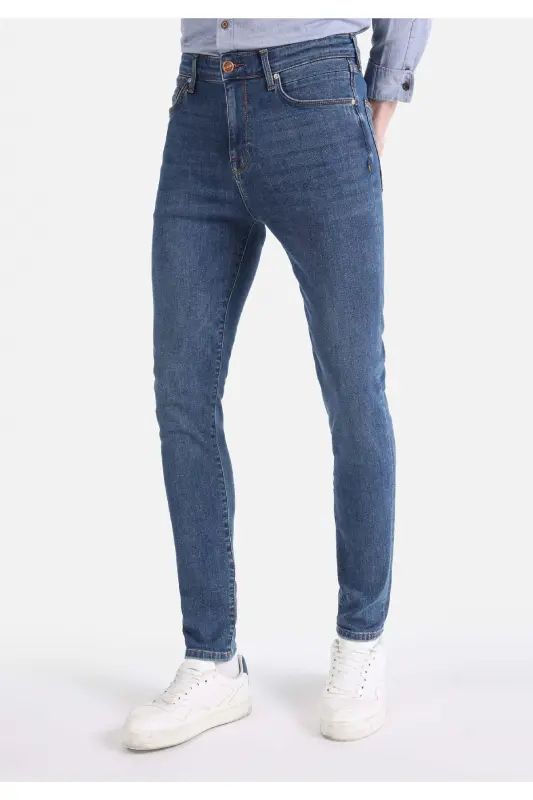 Skinny Fit Yüksek Bel Dar Paça Erkek Koyu İndigo Jean Pantolon - BORKER WASH - 4