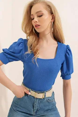 0409 Kare Yaka Örme Bluz - Saks - 3