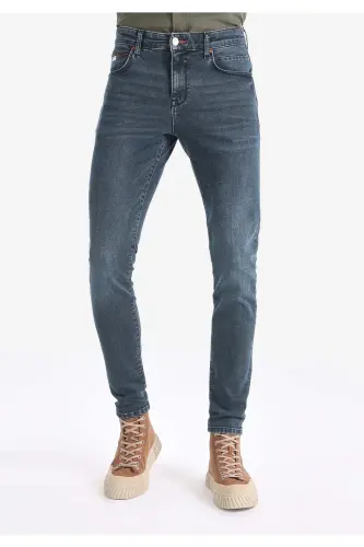 Slim Fit Düşük Bel Dar Paça Erkek Koyu İndigo Jean Pantolon - BLU WASH - 3