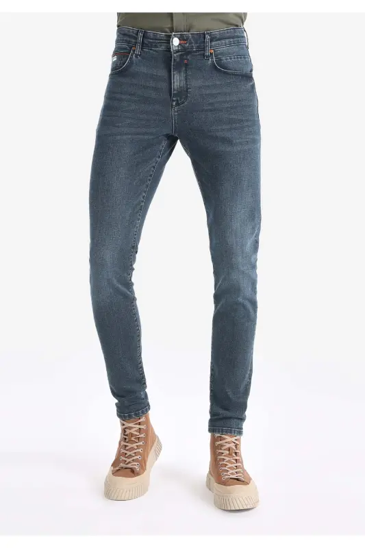 Slim Fit Düşük Bel Dar Paça Erkek Koyu İndigo Jean Pantolon - BLU WASH - 3