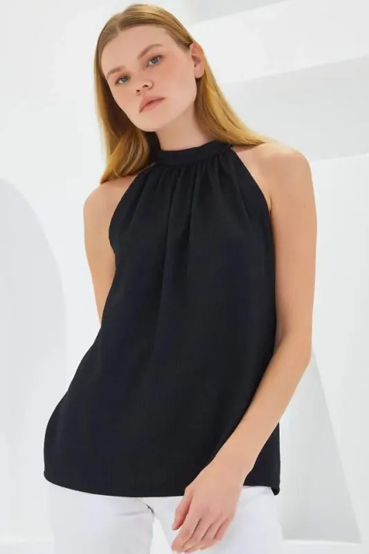 0489 Halter Yaka O'rma Bluza - Qora - 3