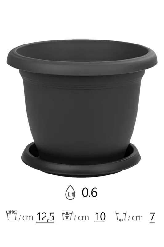 0.6 Liter Anthracite Grey Saucer Matte Plastic Small Size Round Flower Pot Villa No1 Ø12,5x10,2cm - 0,6L - 2