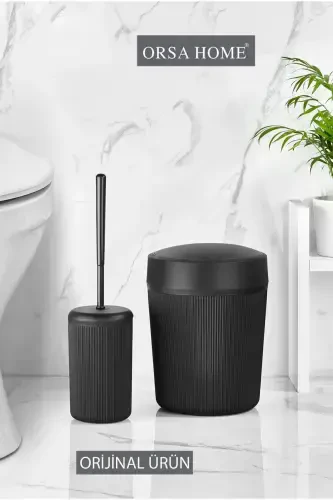 087 Black Bathroom Trash Can and Toilet Brush Set - 1