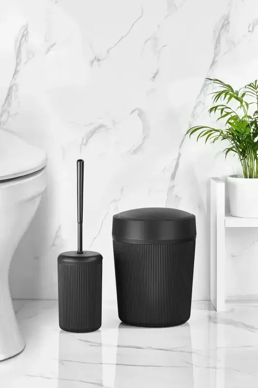 087 Black Bathroom Trash Can and Toilet Brush Set - 3