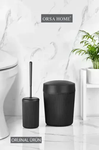 087 Black Bathroom Trash Can and Toilet Brush Set - 4