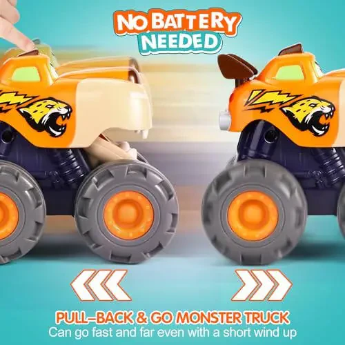 Toy Cars for 1 2 3 Year Old 3 Pack Monster Truck Toys Crocodile Bull Leopard Pull Back Car Big Wheel Animal Toy Trucks for Toddler 1-3 Baby Toys 12 18 Months Boy Girl Toddler Toy for 1 Year Old Gift - 5