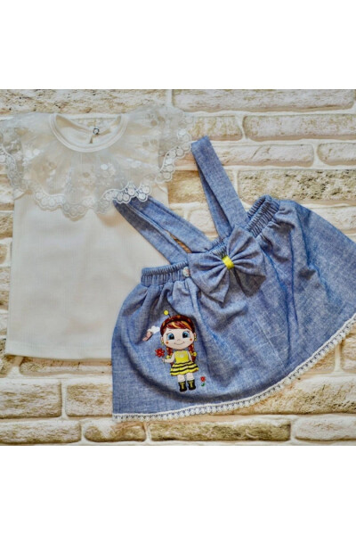 1-2-3 Years Bee Embroidered Denim Skirt Cotton Fabric 2 Piece Baby Girl Overall Set - 10