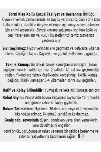 1-3 Yaş, Zoo Sıvı Geçirmez, Cırtlı, Cepli, Makinede Yıkanabilir, Yarım Kollu Bebek/çocuk Mama Önlüğü - 1