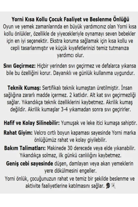 1-3 Yaş, Zoo Sıvı Geçirmez, Cırtlı, Cepli, Makinede Yıkanabilir, Yarım Kollu Bebek/çocuk Mama Önlüğü - YORNI