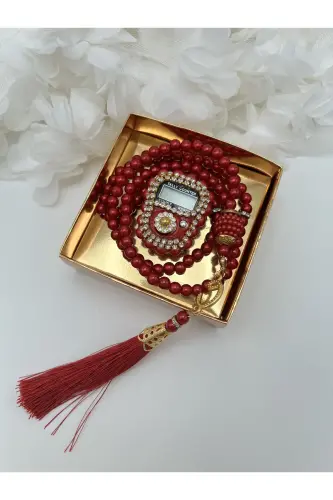 1 Adet Bordo Hediyelik Çeyizlik Kutulu Tesbih Ve Taşlı Zikirmatik Seti ( Mevlit-sünnet-hac-umre)-BORDO 