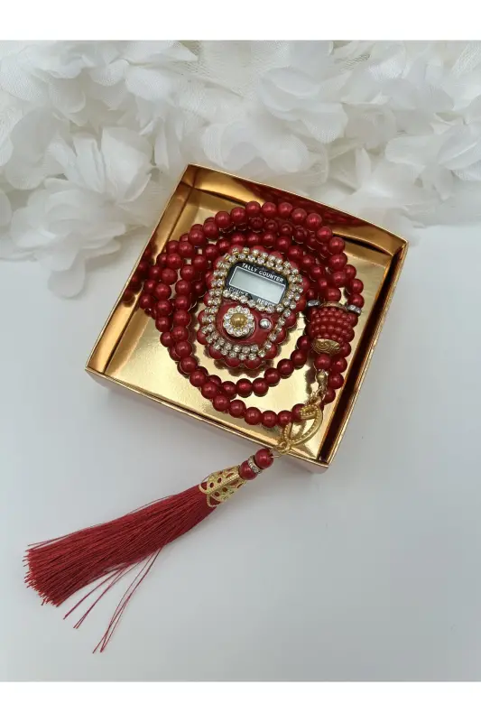 1 Adet Bordo Hediyelik Çeyizlik Kutulu Tesbih Ve Taşlı Zikirmatik Seti ( Mevlit-sünnet-hac-umre)-BORDO - LENAGIFTWORKSHOP