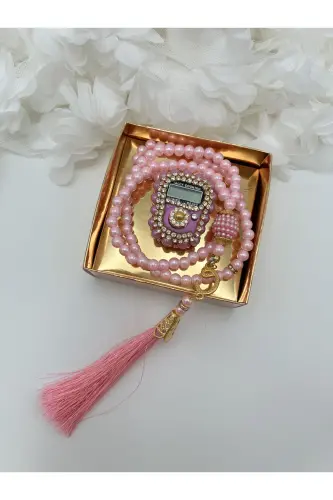 1 Adet Pembe Hediyelik Çeyizlik Kutulu Tesbih Ve Taşlı Zikirmatik Seti ( Mevlit-sünnet-hac-umre) - PUDRAPEMBE 