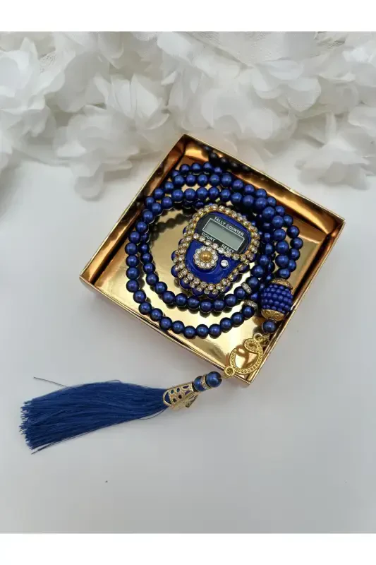 1 Adet Saksmavi Hediyelik Çeyizlik Kutulu Tesbih Ve Taşlı Zikirmatik Seti ( Mevlit-sünnet-hac-umre)-SAKSMAVİ - 1