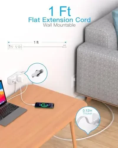 1 Ft Uzaytirgich sim, ko'p rozetkali, yassi vilkali tok kuchlanishidan himoya qiluvchi, 1 Ft simli tok uzatgich, 6 rozetka 3 USB porti (1 USB C), sayohat, kollej, yotoqxona uchun ko'p rozetkali devorga ulanadigan vilkasi - ONE BEAT (1)
