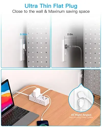 1 Ft Uzaytirgich sim, ko'p rozetkali, yassi vilkali tok kuchlanishidan himoya qiluvchi, 1 Ft simli tok uzatgich, 6 rozetka 3 USB porti (1 USB C), sayohat, kollej, yotoqxona uchun ko'p rozetkali devorga ulanadigan vilkasi - 6