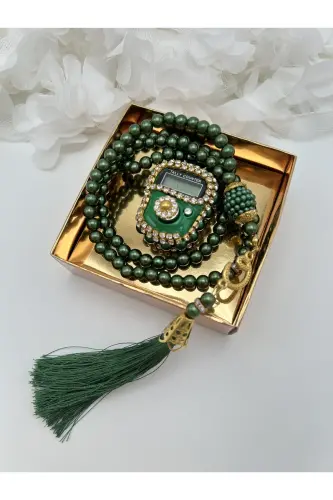 1 Green Gift Dowry Boxed Rosary and Stone Dhikr Counter Set (Mevlit-Circumcision-Hajj-Umrah)-EMERALD GREEN 