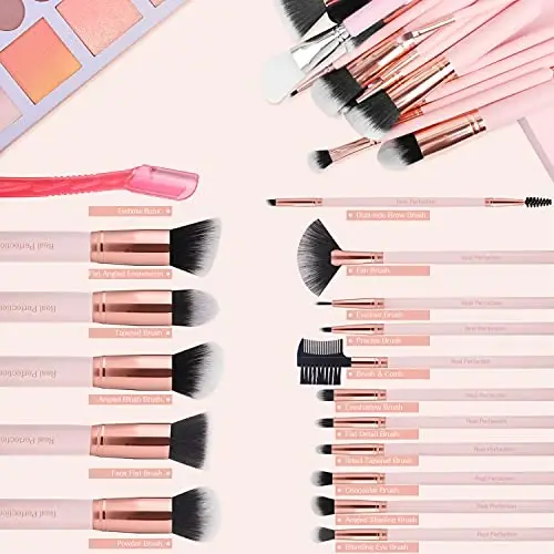 Real Perfection Makeup Brush Set 16 Pcs with 1 Eyebrow Razor Premium Synthetic Foundation Powder Concealers Eyeshadow Blush Makeup Brushes Make up Brushes Kit (Pink) - 1