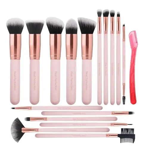 Real Perfection Makeup Brush Set 16 Pcs with 1 Eyebrow Razor Premium Synthetic Foundation Powder Concealers Eyeshadow Blush Makeup Brushes Make up Brushes Kit (Pink) - 5