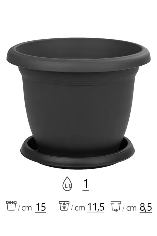 1 Litre Antrasit Gri Tabaklı Mat Plastik Küçük Boy Yuvarlak Saksı Villa No2 Ø15,3x11,6cm - 1L - 2