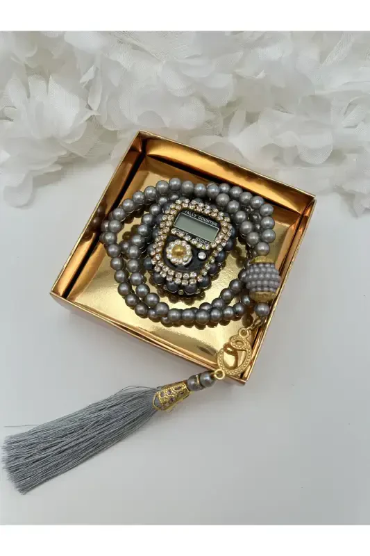 1 Pc Gray Gift Dowry Boxed Rosary And Stone Dhikrmatic Set (Mawlid-Circumcision-Hajj-Umrah)-SILVER - LENAGIFTWORKSHOP