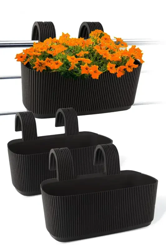 1 Pera Hanging Planter 3.2 Liters 29cm Plastic Garden Balcony Fence Railing Flower Pot-BLACK - 2