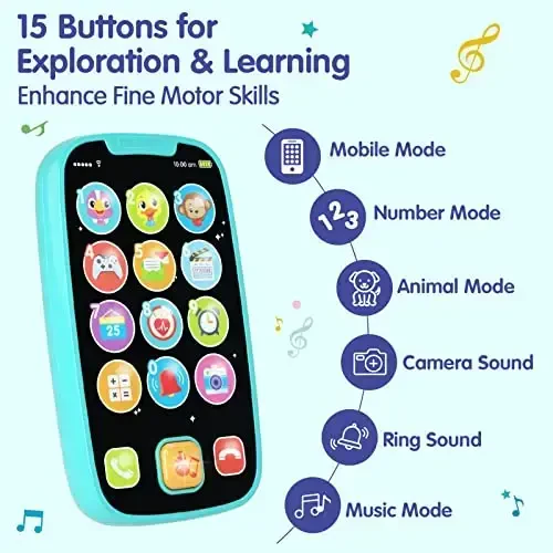Toys for 1 Year Old Boy, 15 Functions Phone Baby Toys 6-12 Months, Baby Cell Phone 12-18 Months, Learning Toys for Toddlers 1-3, Easter Basket Stuffers - Cyan - 3