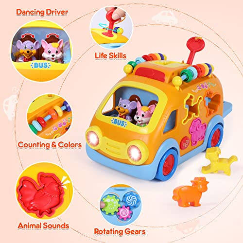 Toy Cars for 1 Year Old Boy Gifts Baby Toys 12-18 Months, Musical Learning Toys for Toddlers 1-3, Educational Baby Bus with Animal Blocks, Christmas Birthday Gift for 1 2 3 4 Year Old Boys Girls Kids - 16