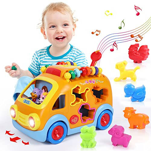 Toy Cars for 1 Year Old Boy Gifts Baby Toys 12-18 Months, Musical Learning Toys for Toddlers 1-3, Educational Baby Bus with Animal Blocks, Christmas Birthday Gift for 1 2 3 4 Year Old Boys Girls Kids - 13
