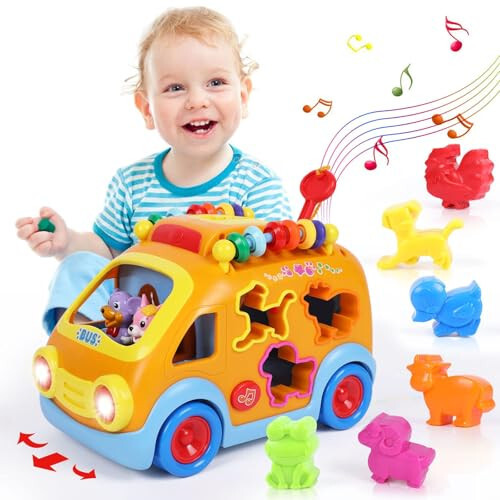 Toy Cars for 1 Year Old Boy Gifts Baby Toys 12-18 Months, Musical Learning Toys for Toddlers 1-3, Educational Baby Bus with Animal Blocks, Christmas Birthday Gift for 1 2 3 4 Year Old Boys Girls Kids - 7