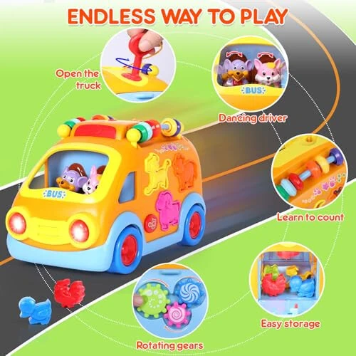 Toy Cars for 1 Year Old Boy Gifts Baby Toys 12-18 Months, Musical Learning Toys for Toddlers 1-3, Educational Baby Bus with Animal Blocks, Christmas Birthday Gift for 1 2 3 4 Year Old Boys Girls Kids - 4