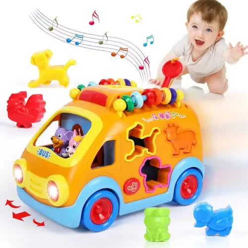 Toy Cars for 1 Year Old Boy Gifts Baby Toys 12-18 Months, Musical Learning Toys for Toddlers 1-3, Educational Baby Bus with Animal Blocks, Christmas Birthday Gift for 1 2 3 4 Year Old Boys Girls Kids - 1