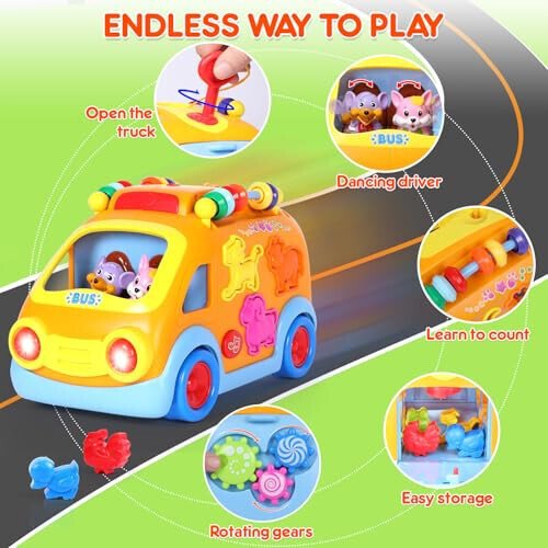Toy Cars for 1 Year Old Boy Gifts Baby Toys 12-18 Months, Musical Learning Toys for Toddlers 1-3, Educational Baby Bus with Animal Blocks, Christmas Birthday Gift for 1 2 3 4 Year Old Boys Girls Kids - 4