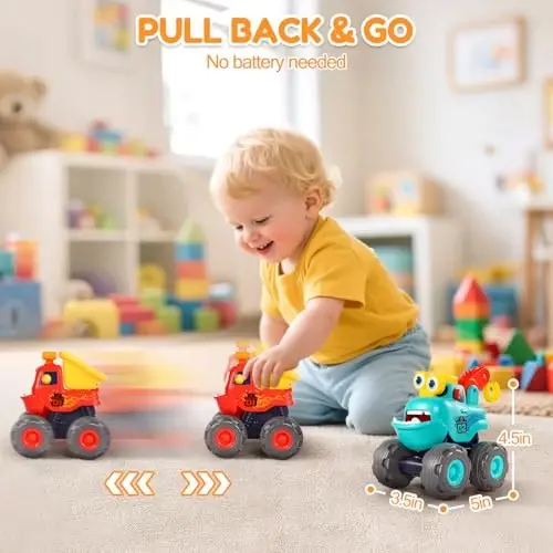 Toys for 1 Year Old Boy, Monster Truck Toys Construction Cars for Toddler 1-3 Crane Truck Dump Excavator Pull Back Car Toddler Toys for Baby 12-18 Months 1 Year Old Boy Gifts for Birthday Xmas - 3