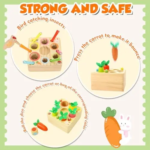 Montessori Toys for 1 Year Old, Wooden Toy for Baby 6-12 Months, Carrot Harvest Game for Kids, Shape Sorting Matching Puzzle, Educational Birthday for Boys and Girls(Pop Up Carrot) - 4