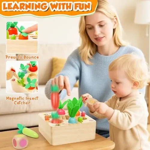 Montessori Toys for 1 Year Old, Wooden Toy for Baby 6-12 Months, Carrot Harvest Game for Kids, Shape Sorting Matching Puzzle, Educational Birthday for Boys and Girls(Pop Up Carrot) - 2