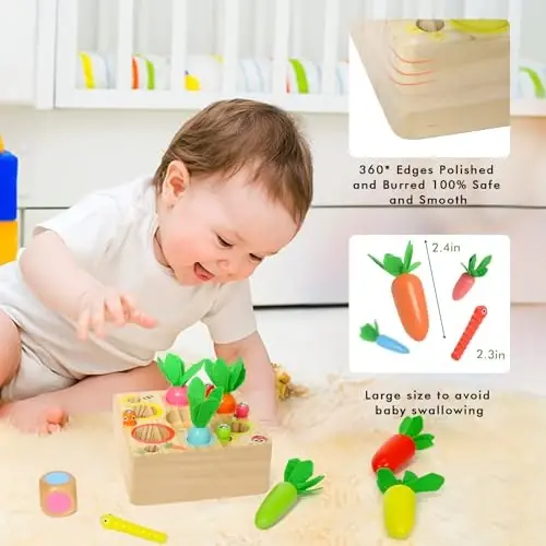 Montessori Toys for 1 Year Old, Wooden Toy for Baby 6-12 Months, Carrot Harvest Game for Kids, Shape Sorting Matching Puzzle, Educational Birthday for Boys and Girls(Pop Up Carrot) - 6