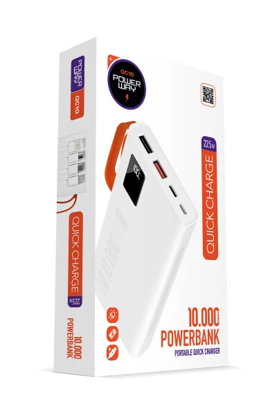 10 000 mAh, 22,5W tez zaryadlash, o‘rnatilgan simli LED chiroq, haqiqiy 10 000 mAh QC10 oq powerbank - POWERWAY