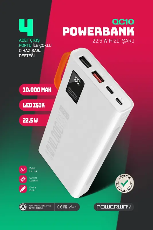 10 000 mAh, 22,5W tez zaryadlash, o‘rnatilgan simli LED chiroq, haqiqiy 10 000 mAh QC10 oq powerbank - 1