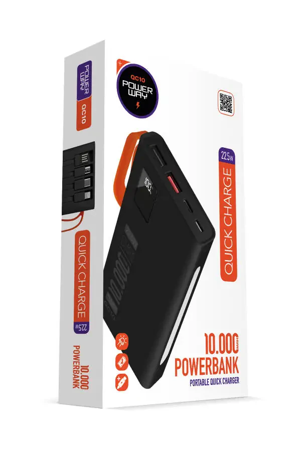 10 000 mAh, 22,5W tezkor zaryadlash, simli, LED chiroq, haqiqiy 10 000 mAh, QC10, oq powerbank - 1