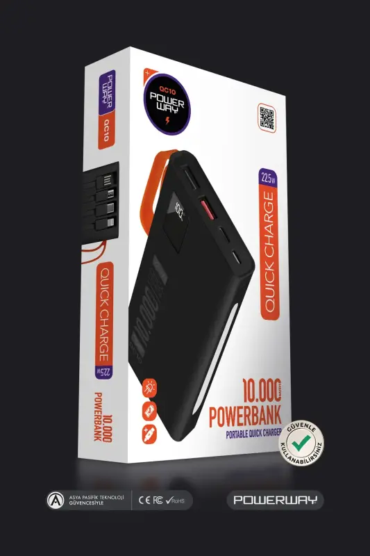 10 000 mAh, 22,5W tezkor zaryadlash, simli, LED chiroq, haqiqiy 10 000 mAh, QC10, oq powerbank - 6