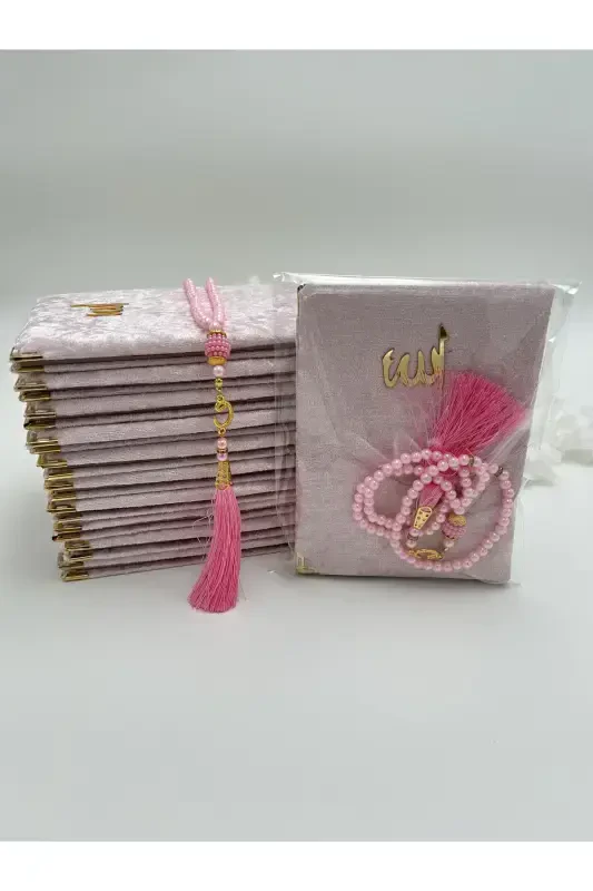 10 Adet Pembe Hediyelik Jelatinde Kadife Yasin Cüzü Ve Inci Tesbih Seti ( Mevlit-hac-umre-sünnet)-PEMBE - 1