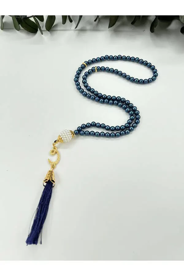 10 Adet Hediyelik Vavlı Püsküllü Lacivert Plastik Inci 99'lu Namaz Tesbihi ( Mevlit-sünnet-hac-umre)-LACİVERT - 1